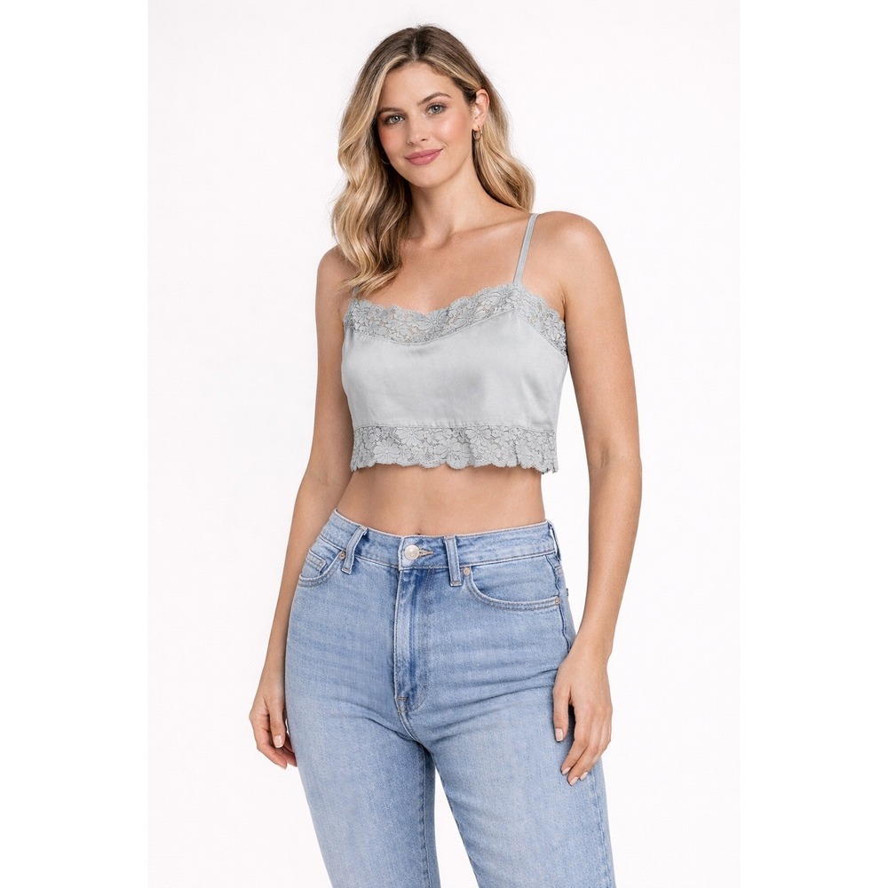 Brandy Melville Sage Green Satin Lace Trim Cropped Cami Top One Size